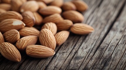 A close-up of raw almonds spread across a rustic wooden table, showcasing their natural textures and rich color, emphasizing their health benefits