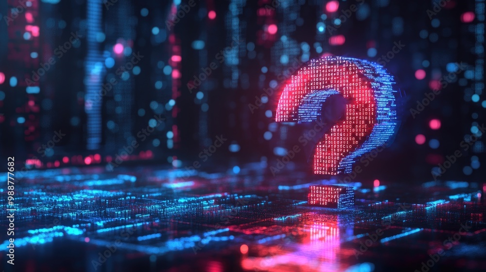 Poster binary code and a 3d digital question mark, highlighting ai's capabilities in answering and understa