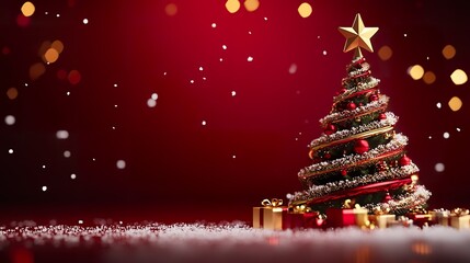 Trendy and modern 3D Christmas with a dark red, white, and gold centerpiece Christmas tree, snow, caroling, and a simple background ratio 16:9