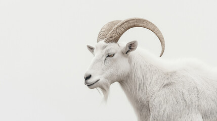 Fototapeta premium a goat with sleek gray fur and sharp, curved horns against an isolated light ivory background, the soft light casts gentle shadows on the goat, creating intricate patterns