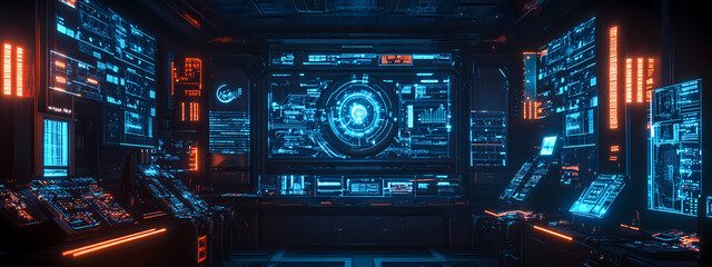 Fototapeta premium Futuristic AI System Interface with Neon Schematics