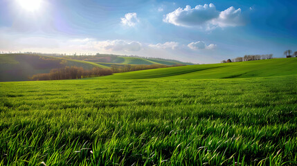 Serene Green Field Landscape with Rolling Hills and Blue Sky