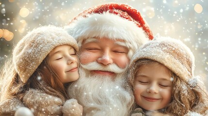 Santa hugging children, joy of Christmas, warm and cozy style, pastel colors, isolated on white background