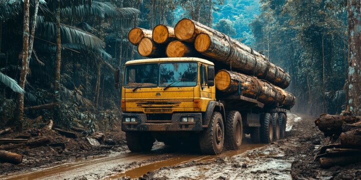 A Heavy Logging Truck Transporting Timber Through Dense Forest, Navigating Tough Terrain