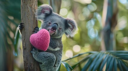 A little koala on a palm tree clutching a pink plush heart