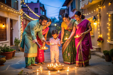 Indian Family Celebrating Divali by Putting Lamps in Their Backyard. Hindu Religious Festivities, Festival of Lights