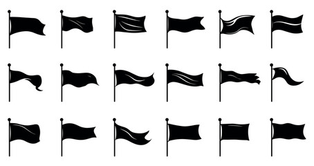 Obraz premium Flag silhouette black icons set. Waving on the wind symbol. Pennant rectangular shape. Finish start pole surrender flagpole race sign report spam flag. Simple black and white logo in flat style
