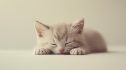 a newborn kitten with closed eyes, tiny pink paws, and soft, fuzzy fur against an isolated light ivory background, the soft light casts gentle shadows on the kitten, creating intricate patterns