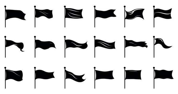 Flag silhouette black icons set. Waving on the wind symbol. Pennant rectangular shape. Finish start pole surrender flagpole race sign report spam flag. Simple black and white logo in flat style