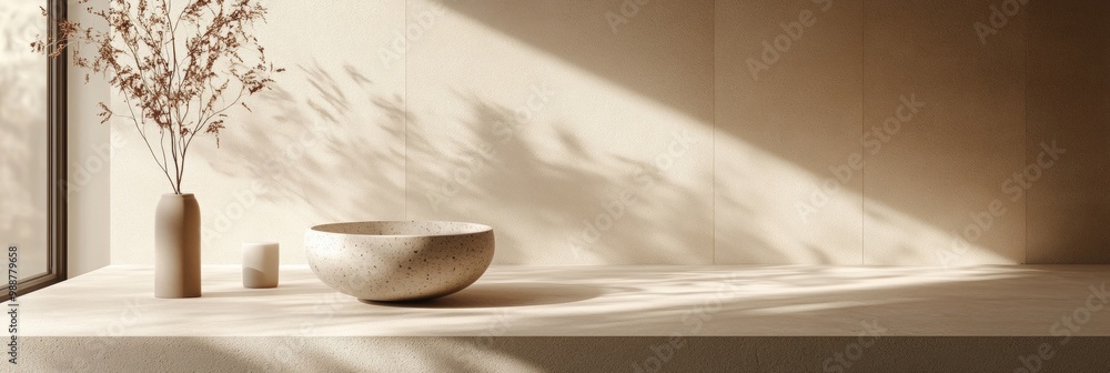Poster minimalist product display, sleek design on a smooth surface, soft neutral background creating a ser