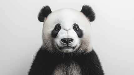 Fototapeta premium a panda with black and white fur and gentle, expressive eyes against an isolated light ivory background, the soft light casts gentle shadows on the panda, creating intricate patterns