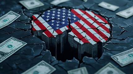 National debt crisis illustrated by a cracked and sinking national emblem, financial documents scattered, stormy background, cool tones, sharp details, powerful symbolism