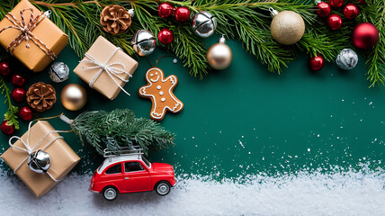 Red car carrying Christmas tree, presents and gingerbread man on green background with snow.  Christmas holiday celebration. 
