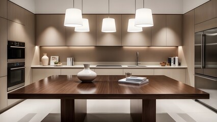 modern kitchen interior with minimalist decor, large wooden table, furniture in beige and grey tones 