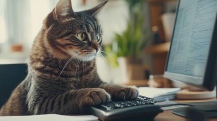 Cat intently typing on a computer in a modern office, with documents scattered around, portraying a hardworking, professional feline.