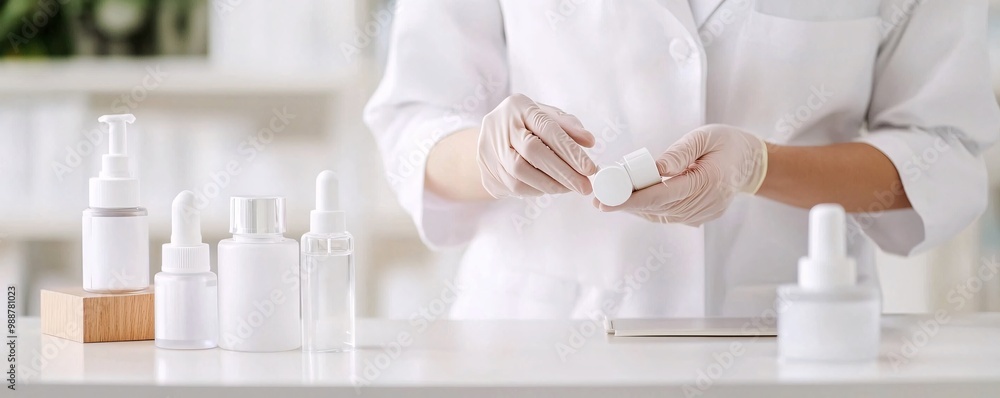Poster advanced testing in a modern lab - dermatologist analyzing glowing skin samples with futuristic tool