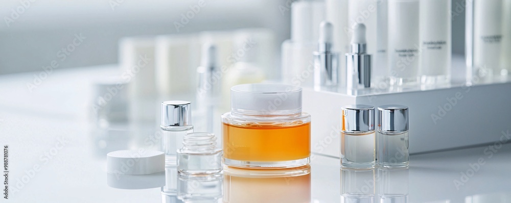 Poster advanced research in a futuristic lab - scientists analyzing innovative serums for glowing results i