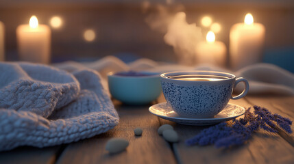 a serene, nighttime kitchen scene with chamomile, lavender, and valerian root displayed in delicate ceramic bowls and a steaming cup of chamomile tea at the center, releasing gentle wisps of steam