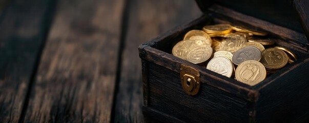Treasure chest with ancient currency inside, model treasure currency, historical finance concept,