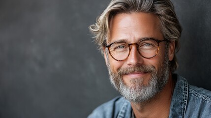 Obraz premium casual portrait of a mature blonde bearded guy with trendy hair, exuding charm and confidence while smiling against a neutral grey background