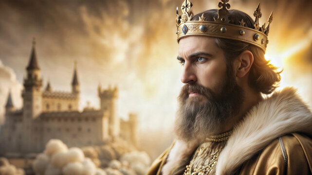 A king with a crown on his head and a beard with a background of an ancient castle