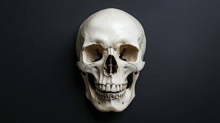 Obraz premium white human skull displayed on a black background, illustrating the beauty of anatomical detail while embodying themes of decay and horror