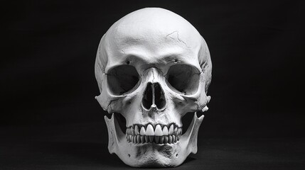 Fototapeta premium white human skull displayed on a black background, illustrating the beauty of anatomical detail while embodying themes of decay and horror