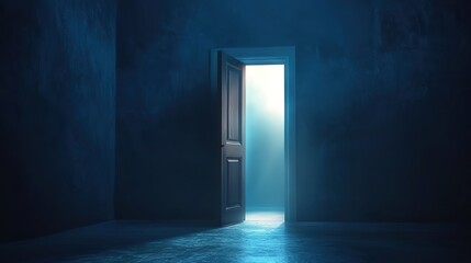 A door in the dark room opens, and light shines through, illuminating part of it.