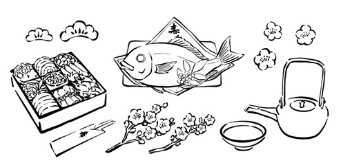正月・新年祝い料理　おせち料理、祝い鯛、お屠蘇の手書き和風・線画イラストセット