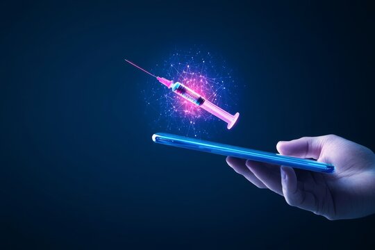 syringe icon emerging from a digital tablet. Smart Injection Digital Vaccination and Health Tracking, Healthcare and Immunization Management. medical treatment. - Powered by Adobe