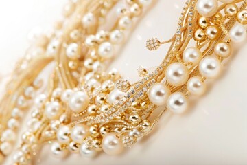 Jewelry Christmas. Beautiful Gold Necklace on White Background with Chain and Gem