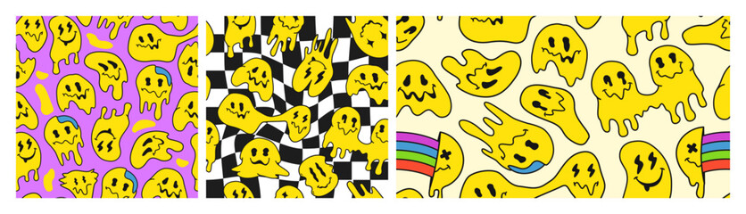 Trippy smile pattern. Retro psychedelic emoji faces in acid rave or Y2K aesthetic, drippy melted blob face and funny smiling seamless patterns vector illustration set