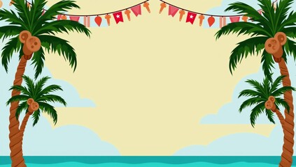 Fototapeta premium A beach scene with palm trees and bunting flags.