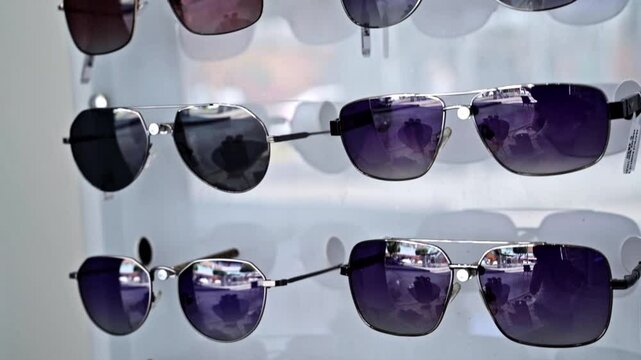 Sunglasses with multicolored lenses on display, modern stylish frames, bright colors, close-up, organized fashion glasses exhibition, fashion accessories, retail presentation