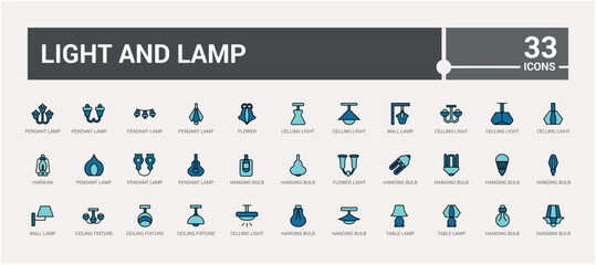 Light and lamps colorful icons set. Set of ceiling light. Outline icon collection, line symbol for web and ui. Vector illustration. Icon names are written in English.