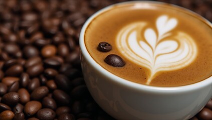 Obraz premium A cup of coffee with a heart drawn on it.