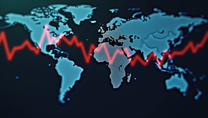 A world map with a red line going through it.