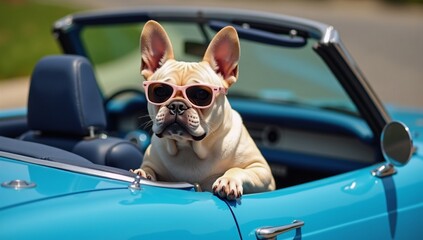 A dog wearing pink sunglasses sitting in a blue convertible car.
