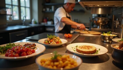 A chef preparing food in a commercial kitchen.