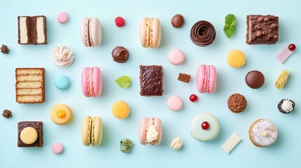 A colorful assortment of desserts and sweets arranged on a light blue background.