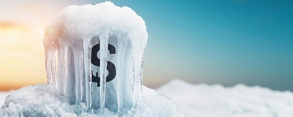 Credit freeze with ice-covered currency symbols, frosty background, isolated and cold atmosphere, cool color palette, clean lines, striking simplicity