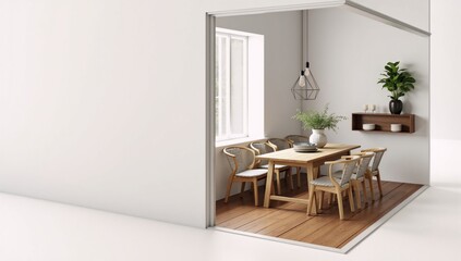 Fototapeta premium A dining room with a wooden table and chairs.