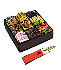 おせち料理のシンプルな手書き筆イラスト
