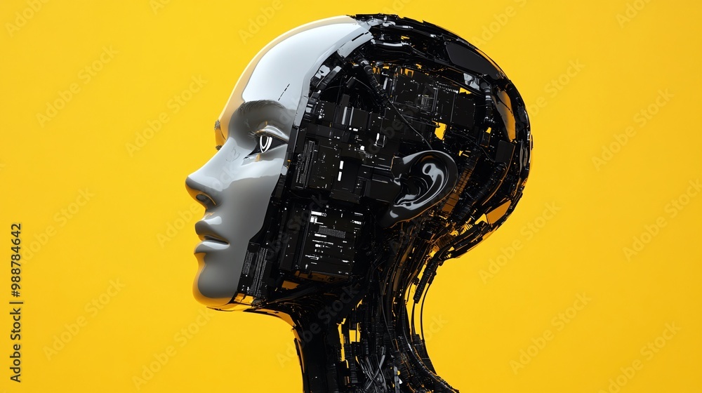 Poster futuristic humanoid head with artificial intelligence elements, presented on a yellow background, sy