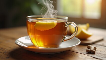 A cup of tea with a slice of lemon in it.