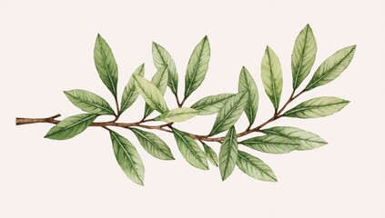 Fototapeta premium A branch with green leaves on a white background.