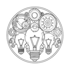 Line Art Innovation. Continuous One Line Drawing of Light Bulbs and Gears for Machine Company Identity