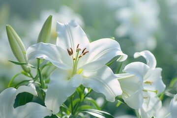 Fototapeta premium Lilies Bouquet. Beautiful White Blossoming Flowers on Light Christian Background