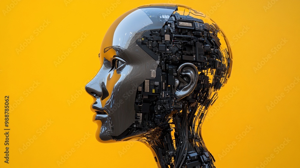 Poster futuristic humanoid head with artificial intelligence elements, presented on a yellow background, sy