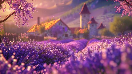 Obraz premium A countryside with stunning lavender blossoms blooming in the distance